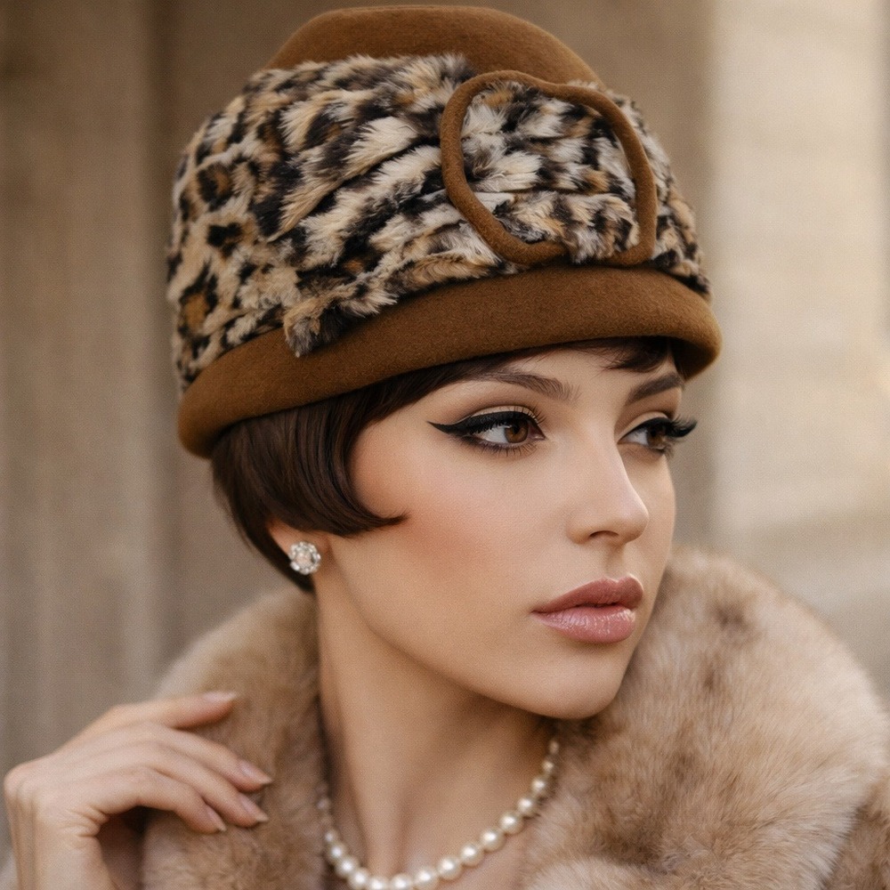 Vintage Marzi‎ Firenze Cloche Hat Leopard Faux Fur Wool Felt Italy 60s Mod